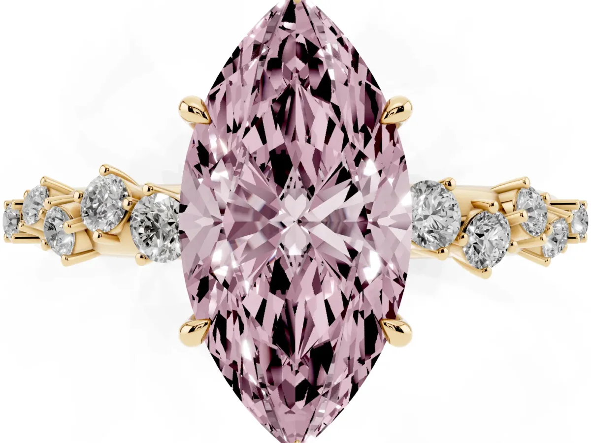 Fancy Pink Marquise Cut Diamond Cluster Side Stone Solitaire Ring with Prong Setting Yellow gold