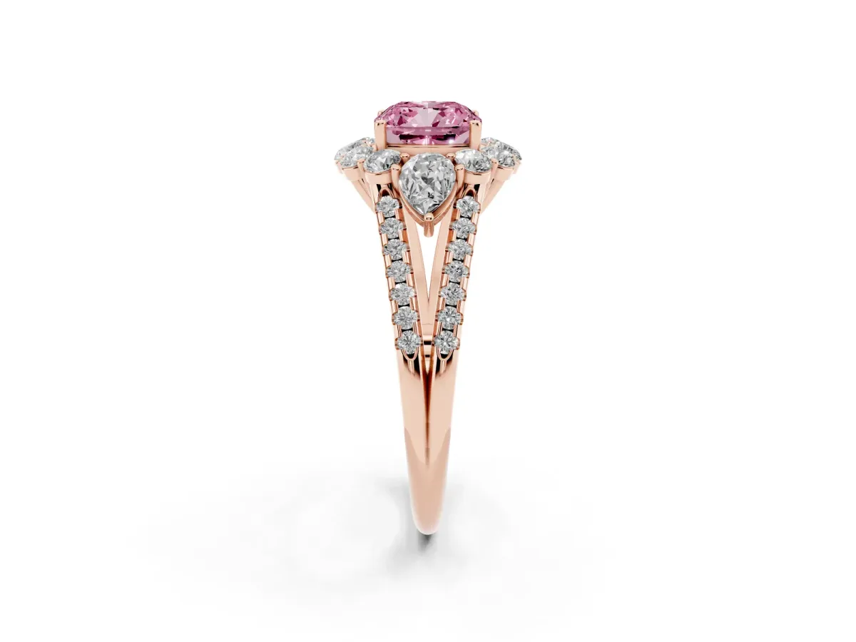 Fancy Pink Cushion Cut Halo Split Shank Diamond Engagement Ring with Prong Setting Rose gold