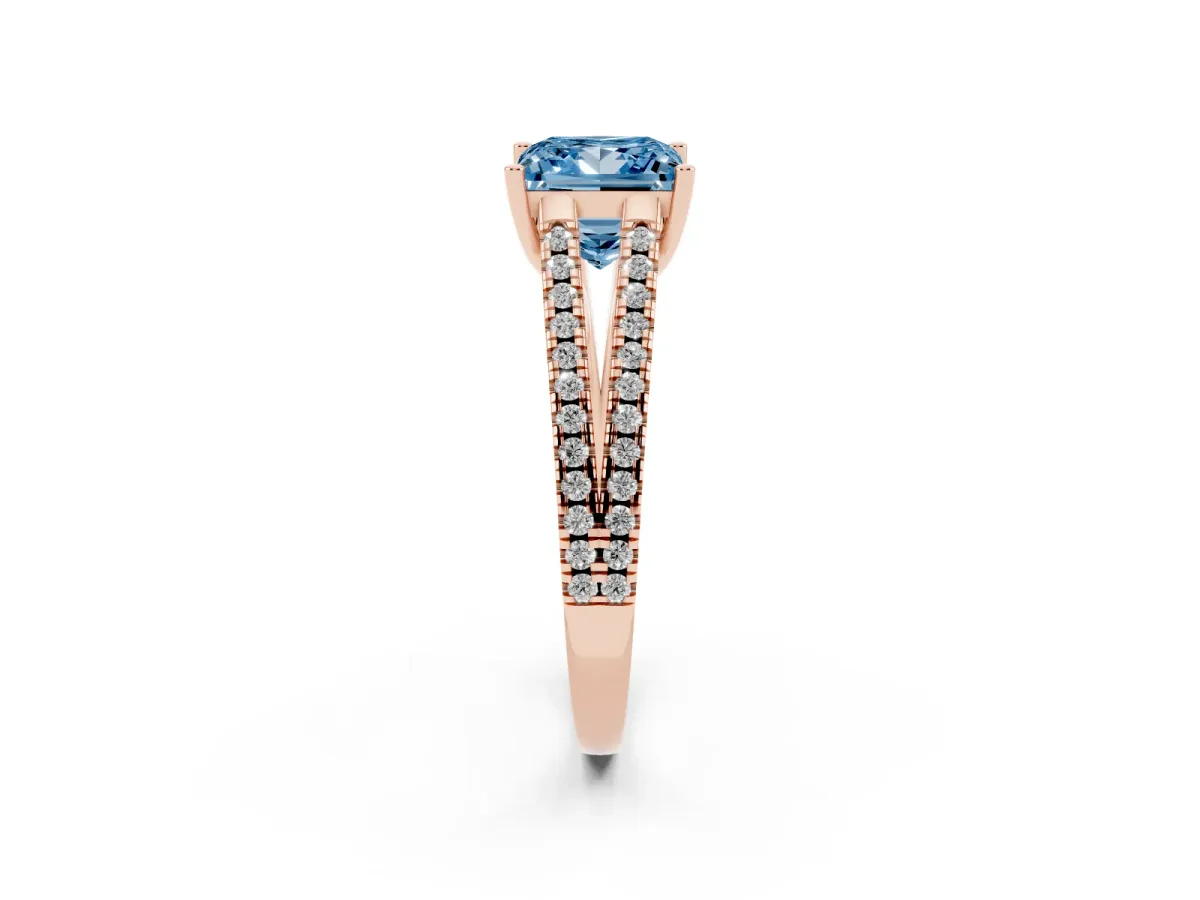 Fancy Blue Princess Cut Diamond Solitaire Engagement Ring with Split Shank Pavé Band Rose gold
