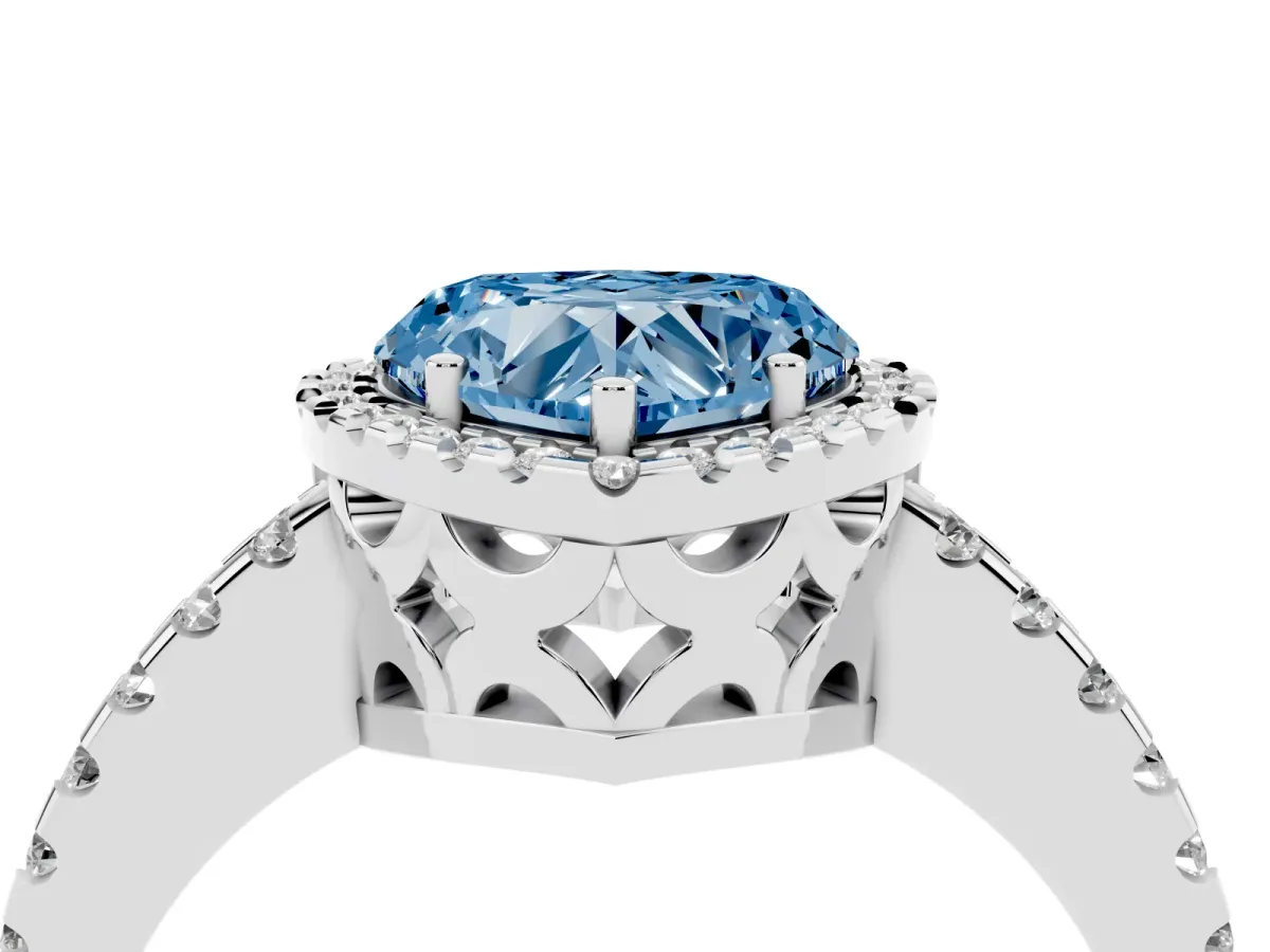 Fancy Blue Heart Cut Diamond Halo Engagement Ring with Pavé Band and Prong Setting White gold