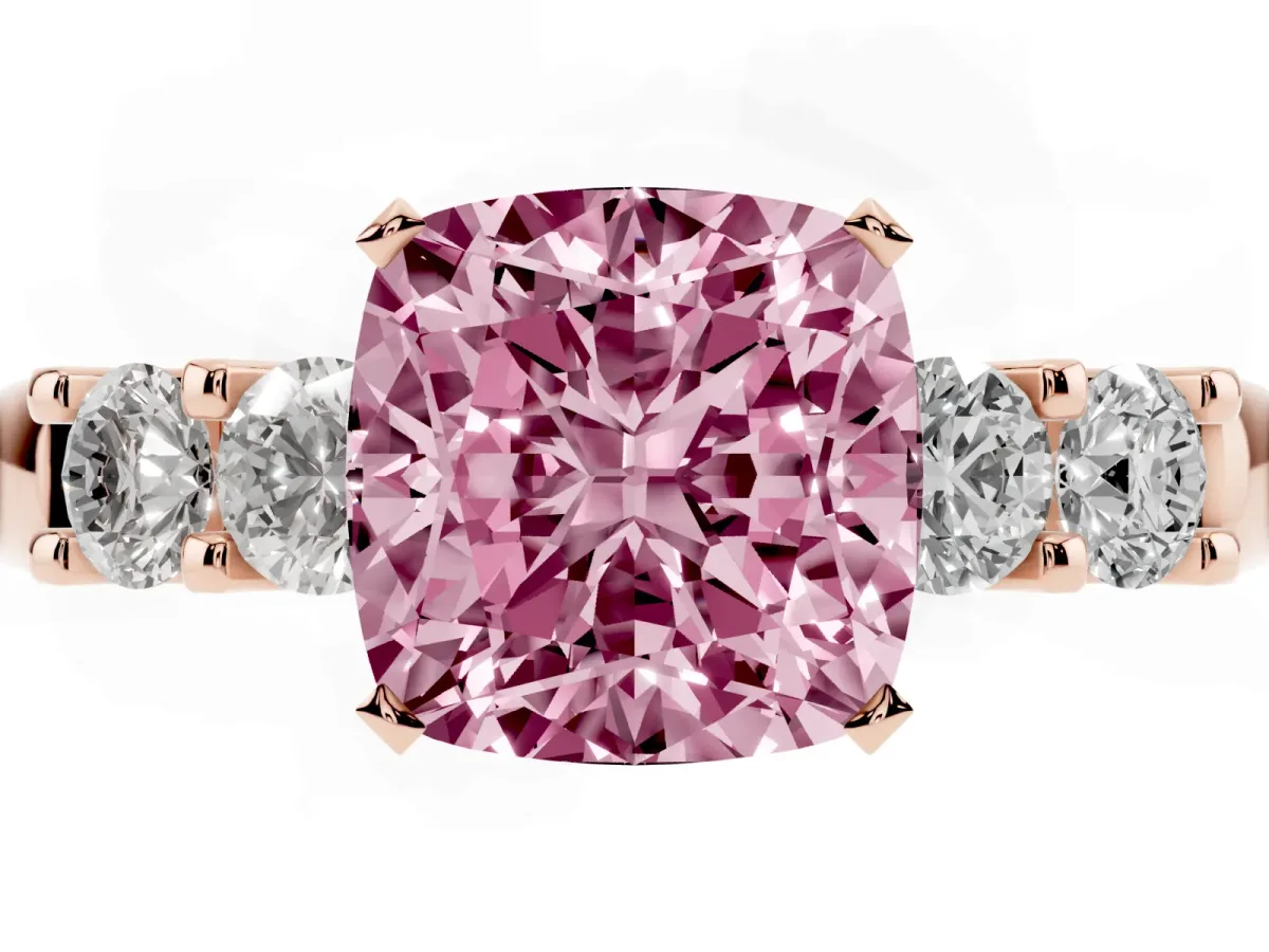 Fancy Pink Cushion Cut Brilliant Cut Diamond Five-Stone Prong Set Engagement Ring with Channel Band Rose gold