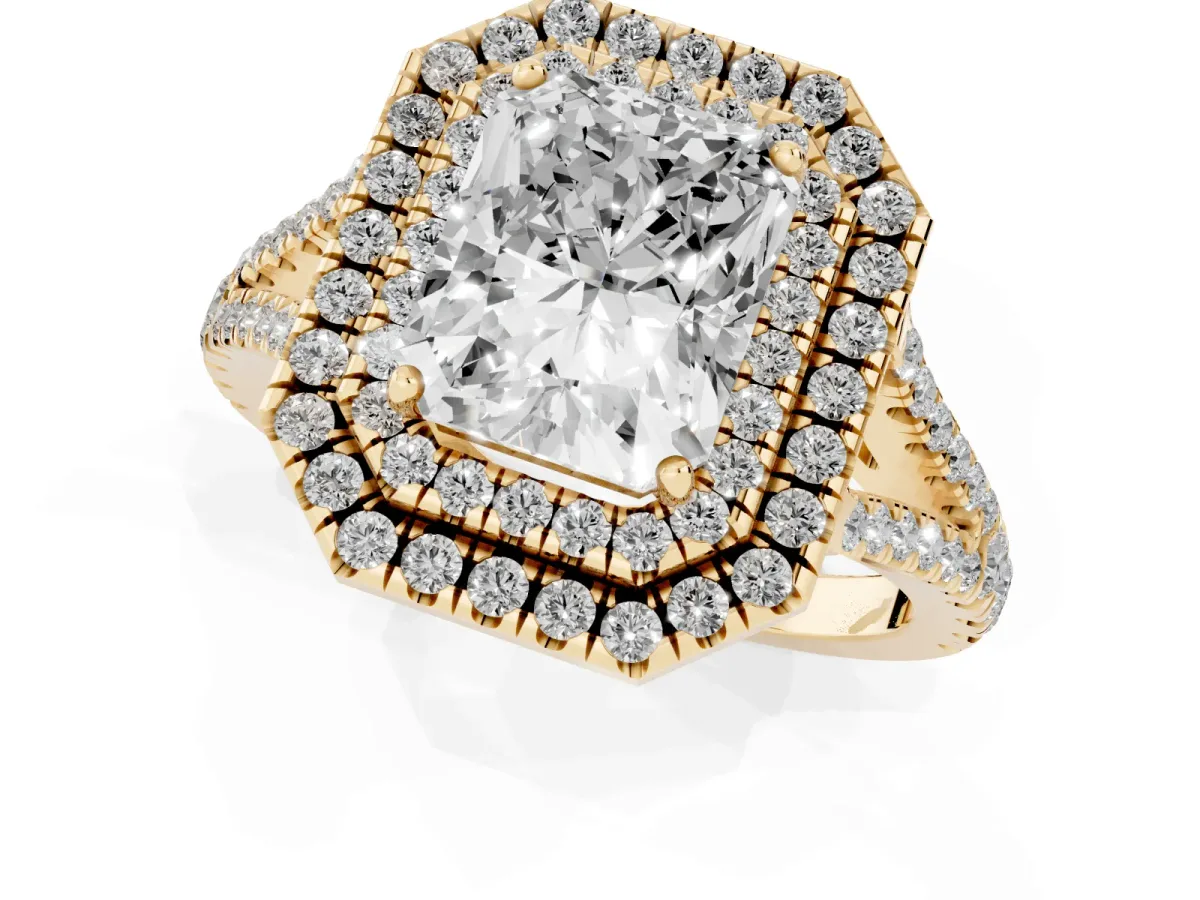 Radiant Cut Diamond Double Halo Ring with Pavé Band and Prong Setting Yellow gold