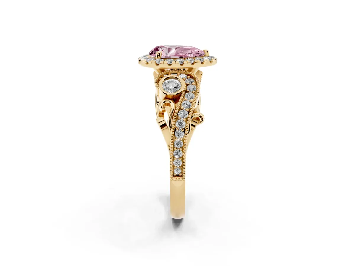 Fancy Pink Pear Cut Diamond Halo Ring with Milgrain Pavé Band and Four-Prong Setting Yellow gold