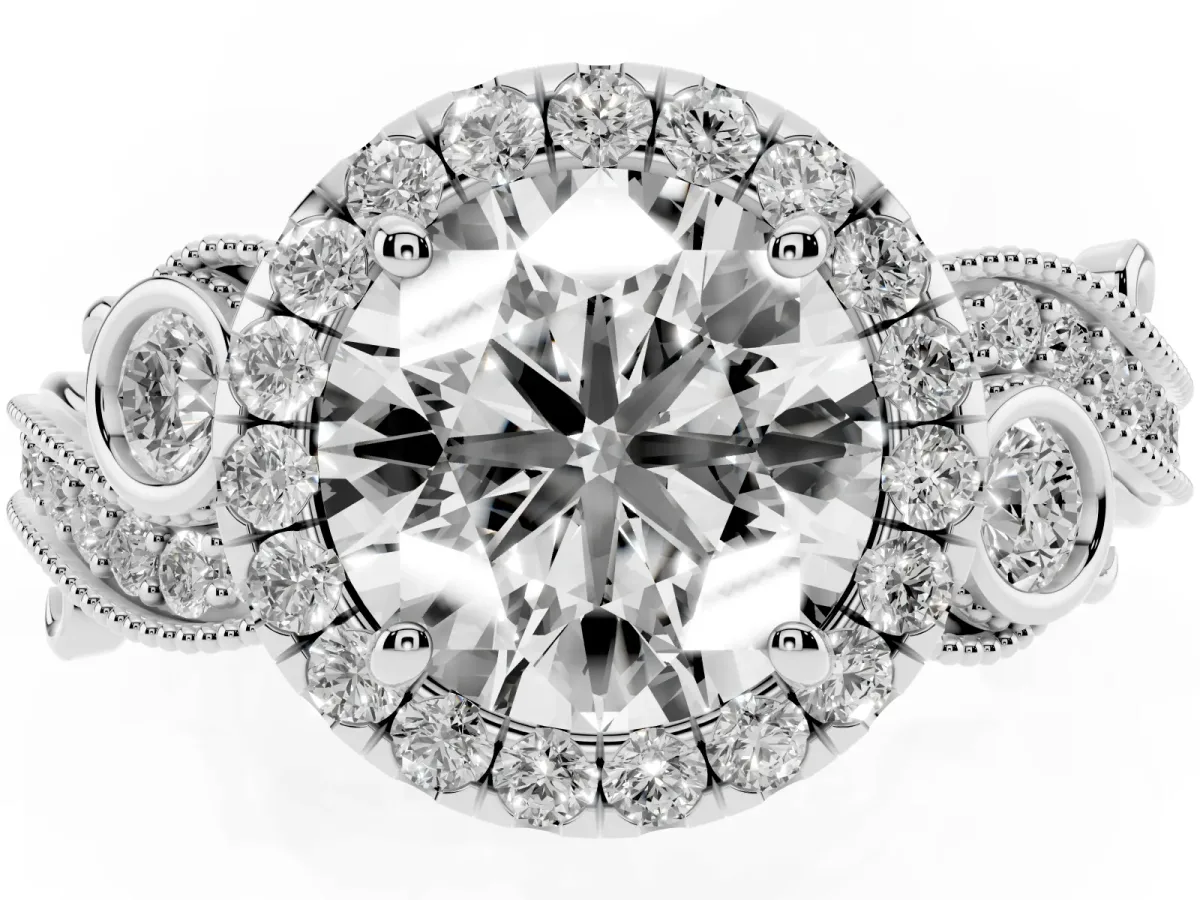 Round Cut Diamond Halo Ring with Milgrain Pavé Band and Four-Prong Setting Platinum