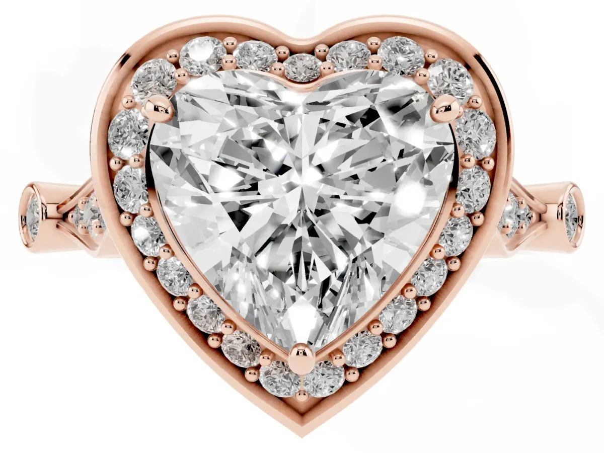 Heart Cut Halo Diamond Engagement Ring with Twisted Band and Four-Prong Setting Rose gold