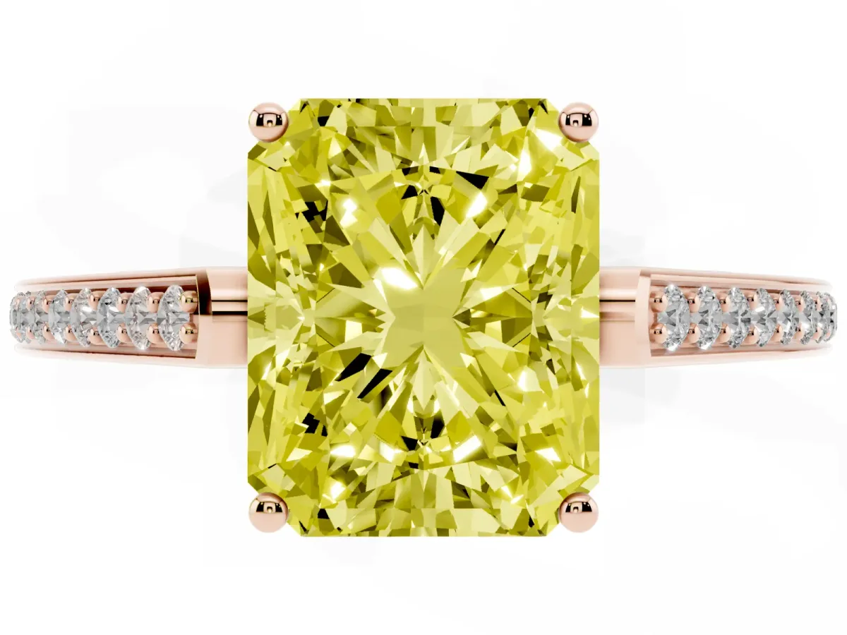 Fancy Yellow Radiant Cut Cut Cathedral Pave Diamond Engagement Ring with Six-Prong Setting Rose gold