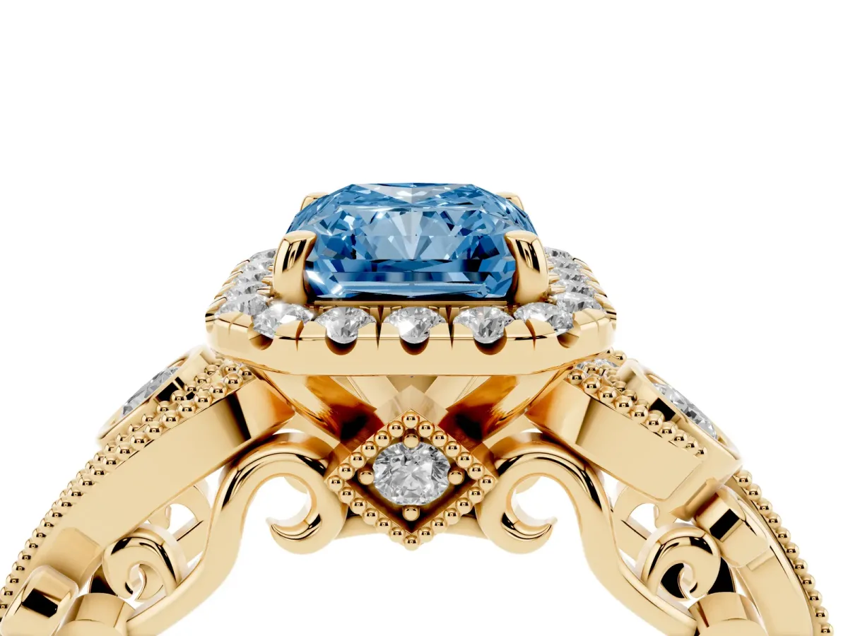 Fancy Blue Radiant Cut Diamond Halo Ring with Milgrain Pavé Band and Four-Prong Setting Yellow gold