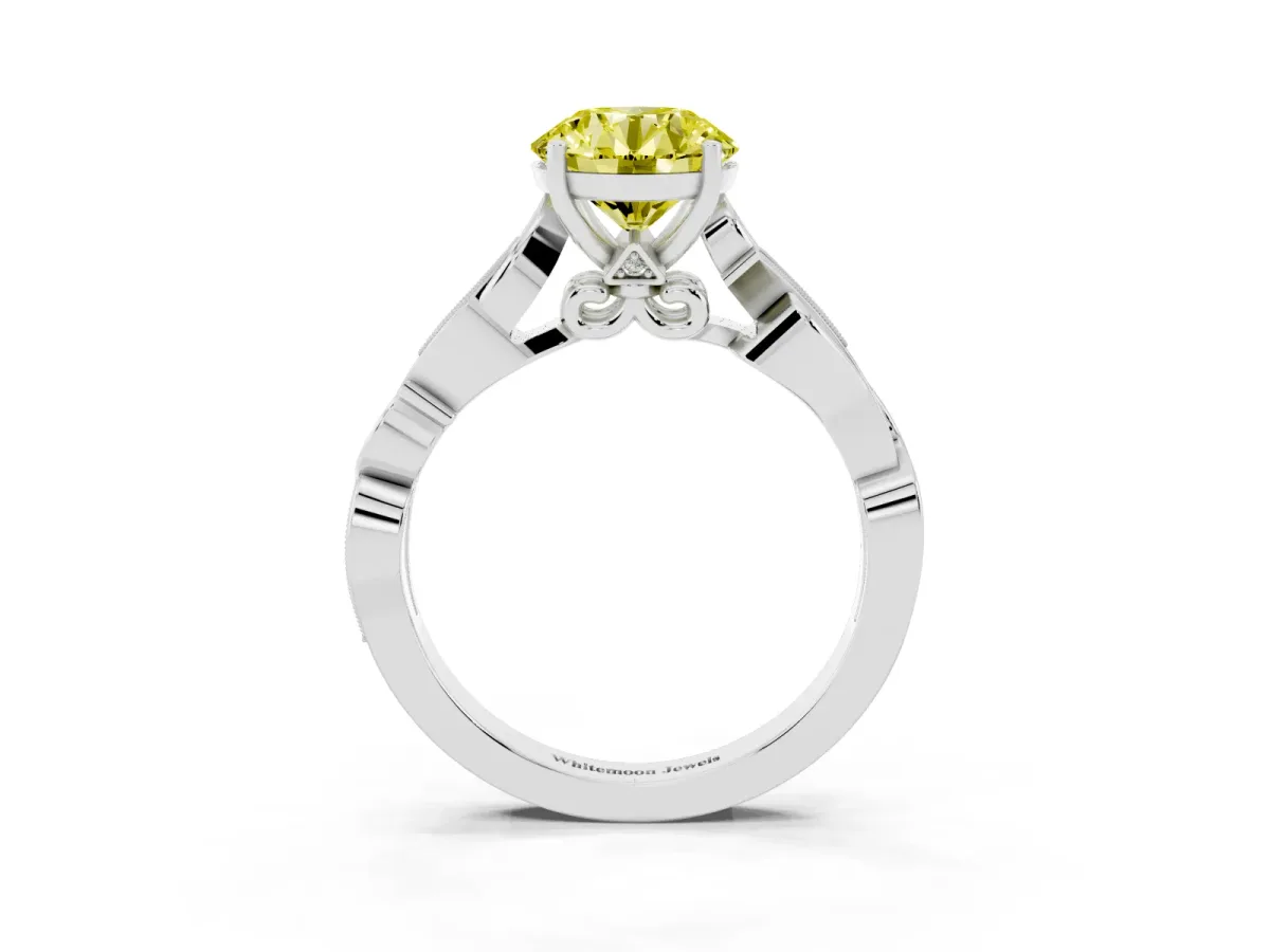Fancy Yellow Round Cut Solitaire Vine Band with Milgrain Prong Setting Silver
