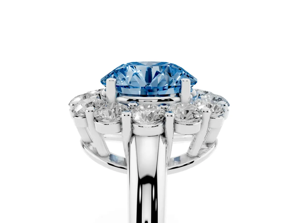 Fancy Blue Round Cut Halo Cluster Diamond Engagement Ring with Prong Setting and Polished Band Platinum