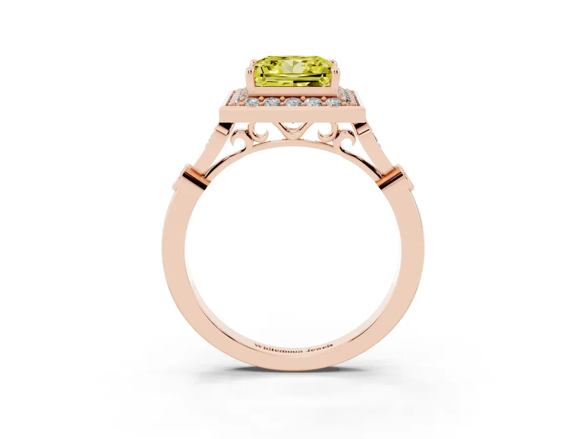 Fancy Yellow Princess Cut Halo Diamond Engagement Ring with Twisted Band and Four-Prong Setting Rose gold