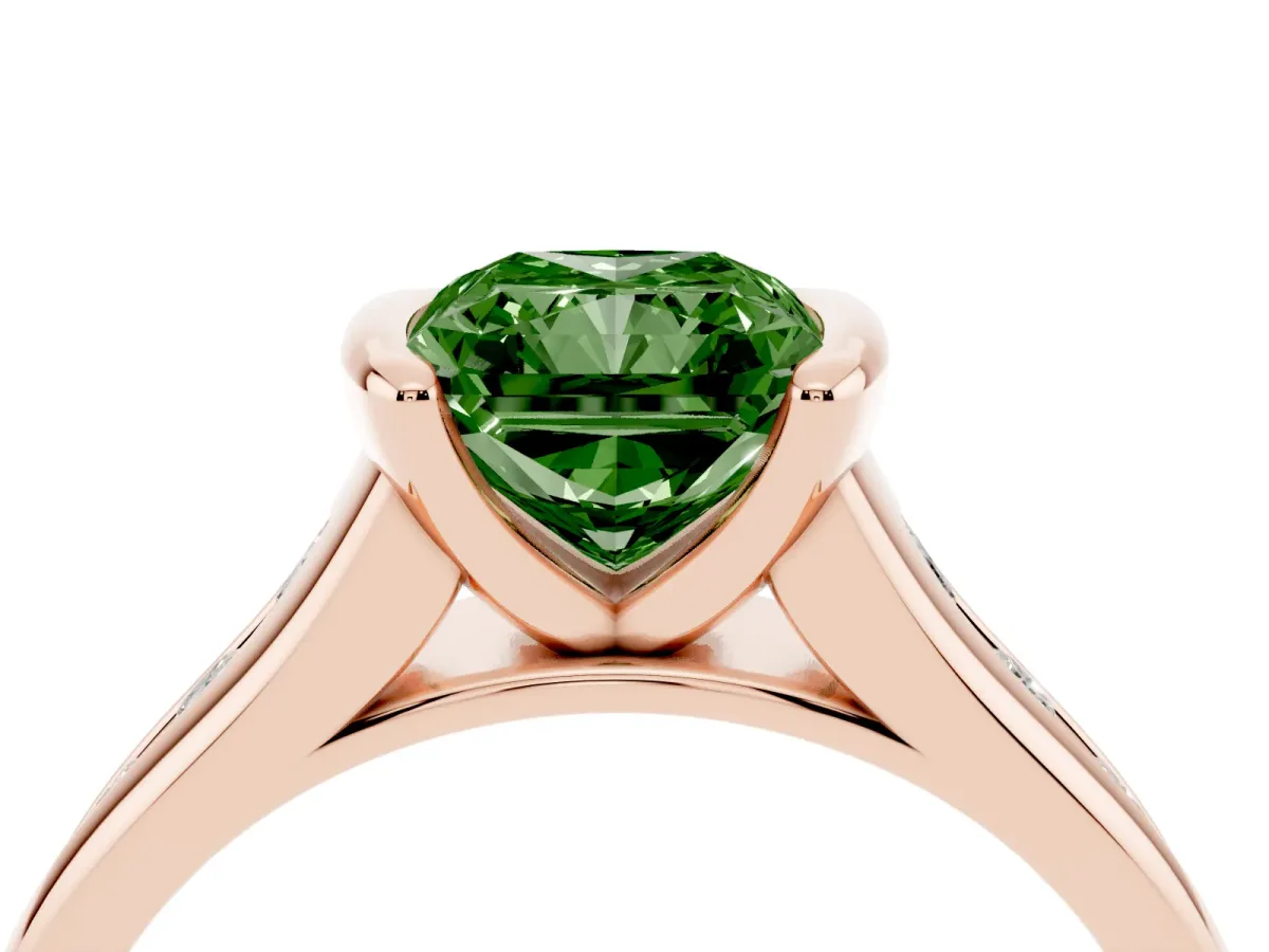 Fancy Green Radiant Cut Solitaire Bezel-Set Diamond Ring with Channel-Set Band Rose gold