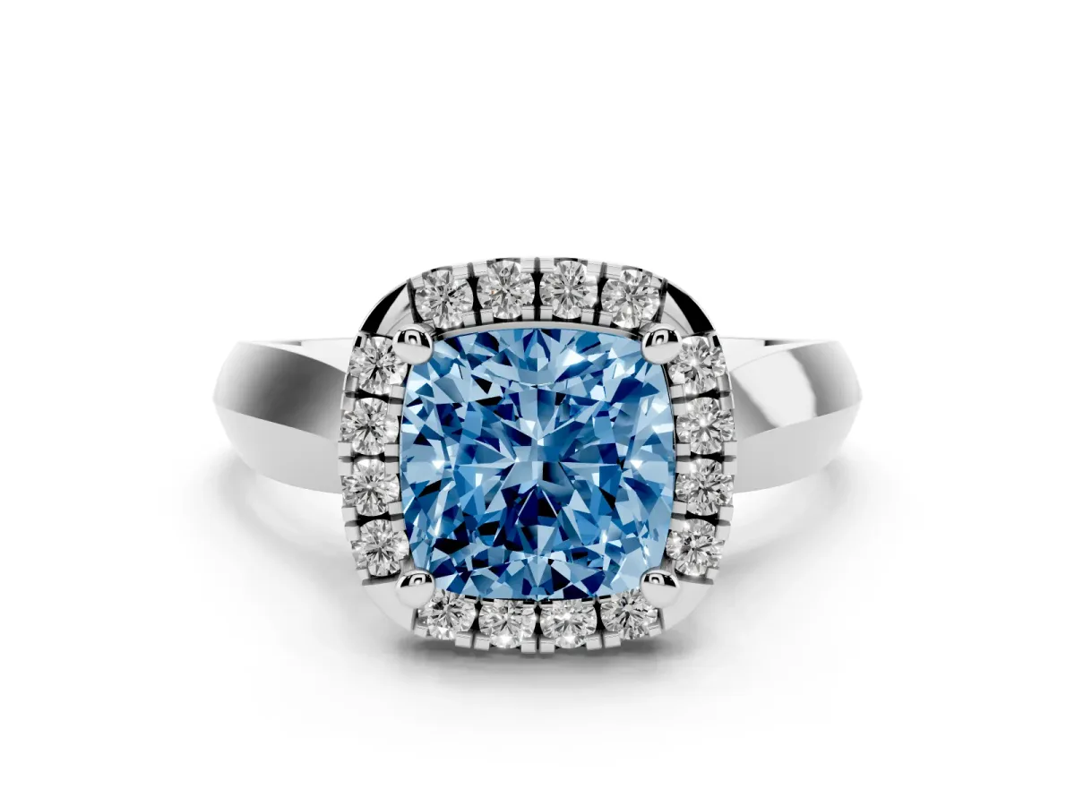 Fancy Blue Cushion Cut Cut Halo Solitaire Engagement Ring with Square Band and Four-Prong Setting White gold