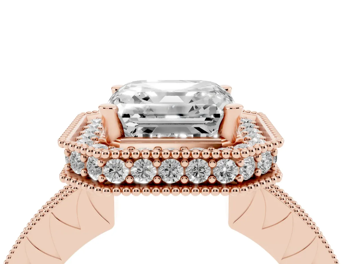 Asscher Cut Diamond Milgrain Halo Engagement Ring with Round Pavé Band and Prong Setting Rose gold