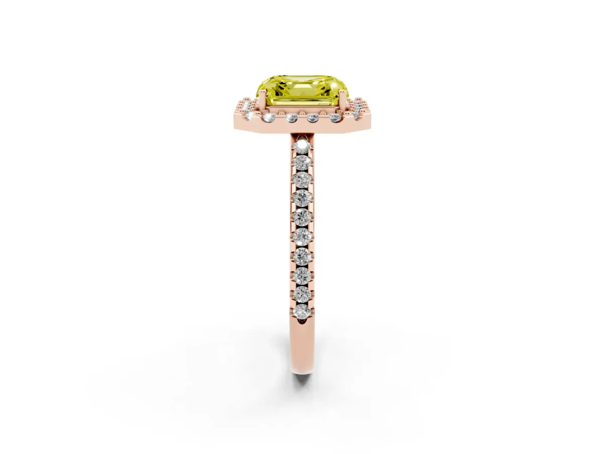 Fancy Yellow Asscher Cut Diamond Pavé Halo Ring with Four-Prong Setting Rose gold