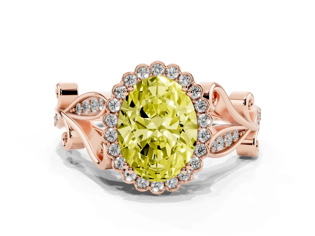 Fancy Yellow Oval Cut Diamond Halo Ring with Vintage Split Shank and Four-Prong Setting Rose gold