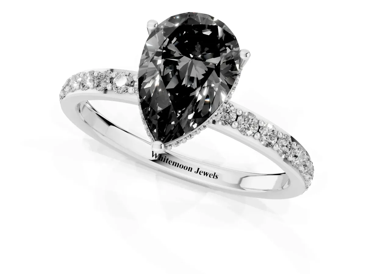 Fancy Black Pear Cut Diamond Solitaire Ring with Pavé Band and Hidden Halo Silver