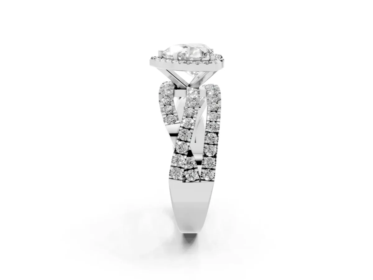 Heart Cut Diamond Halo Ring with Round Split Shank and Prong Setting White gold