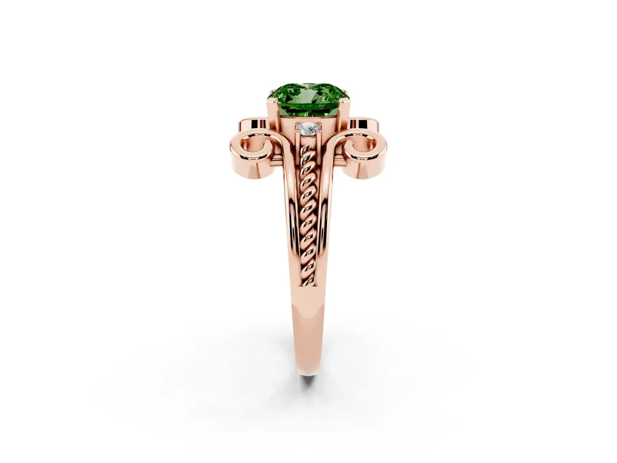 Fancy Green Cushion Cut Solitaire Twisted Band Scroll Prong Ring Rose gold