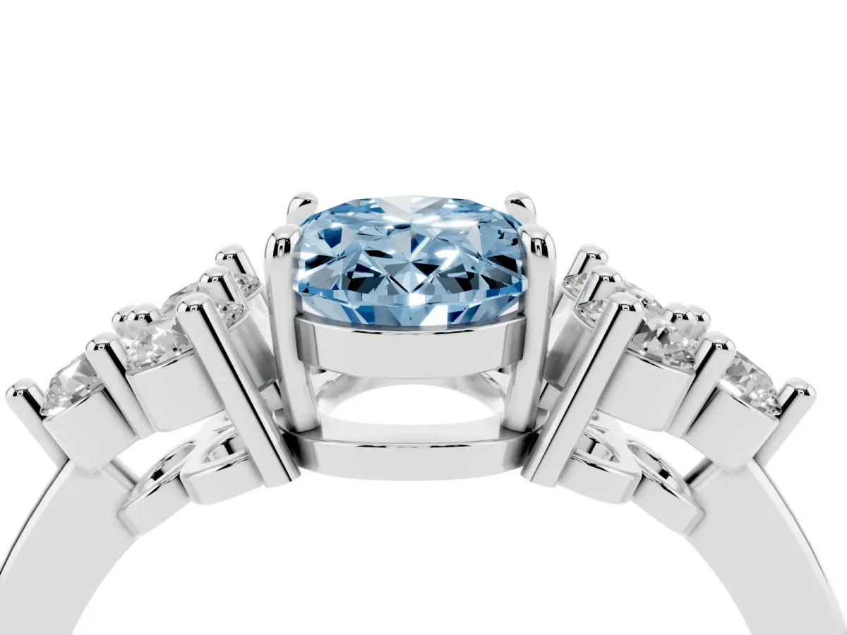 Fancy Blue Oval Cut Brilliant Diamond Cluster Accent Solitaire Ring with Prong Setting White gold