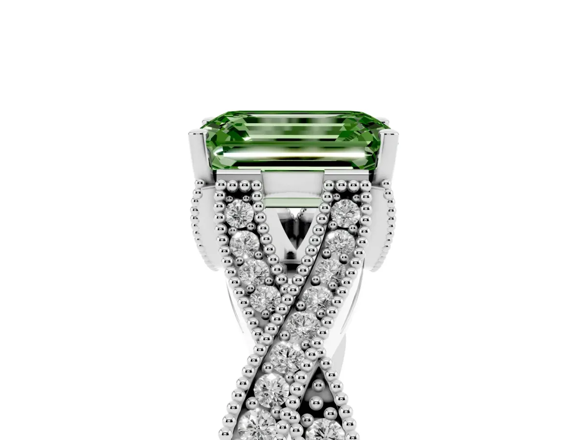 Fancy Green Emerald Cut Cut Diamond Twisted Band with Milgrain Pave Setting and Four-Prong Setting Silver