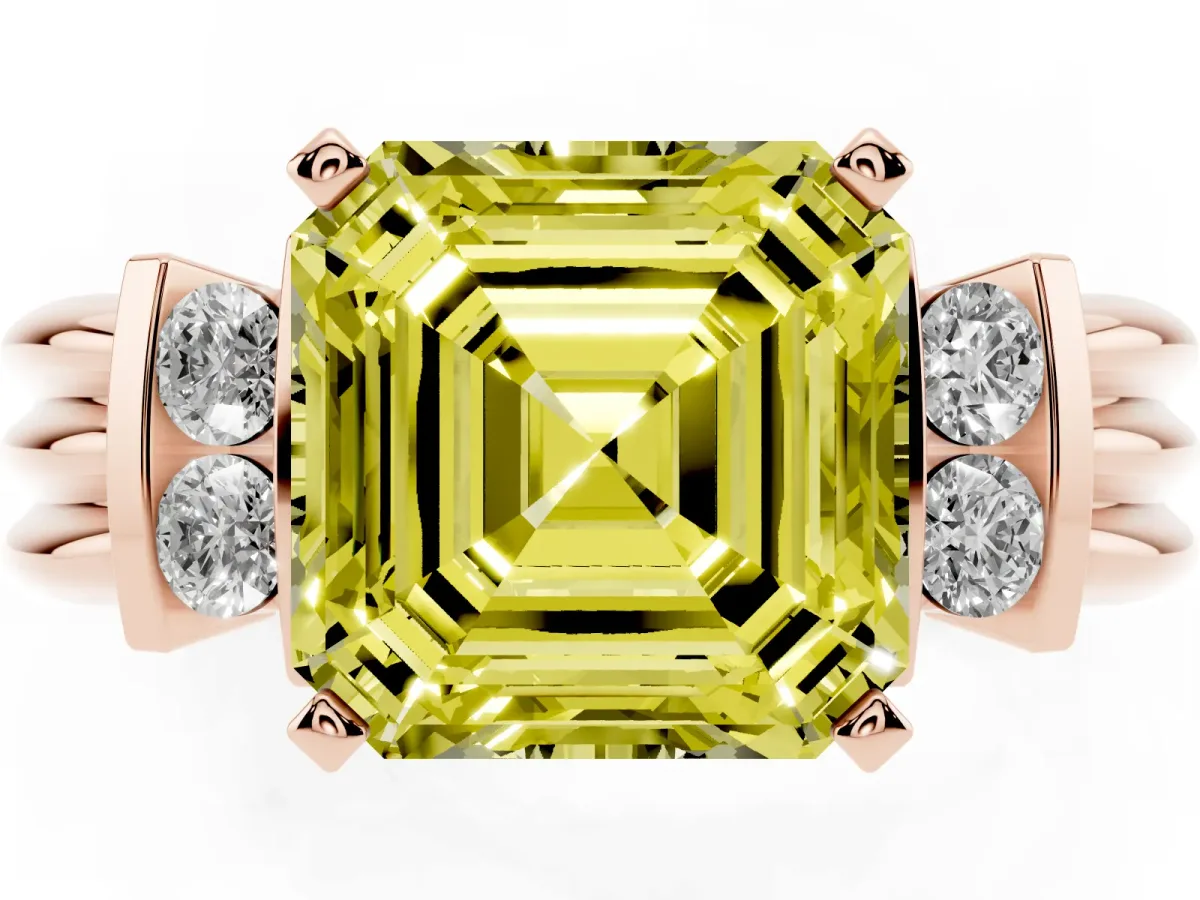 Fancy Yellow Asscher Cut Cut Three-Stone Channel Set Ring with Bar Prongs Rose gold