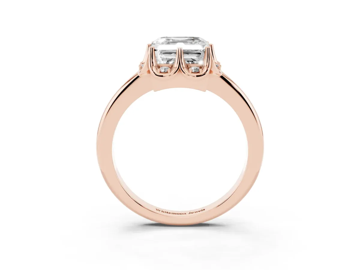 Asscher Cut Halo Diamond Ring with Round Cluster Setting, Solitaire Band, and Four-Prong Setting Rose gold