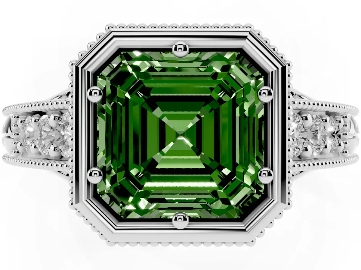Fancy Green Bezel Set Asscher Cut Diamond Milgrain Pave Engagement Ring Silver
