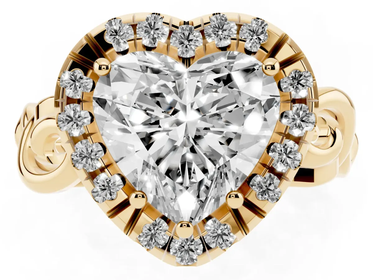 Heart Cut Cut Halo Diamond Ring with Scrollwork Band and Four-Prong Setting Yellow gold