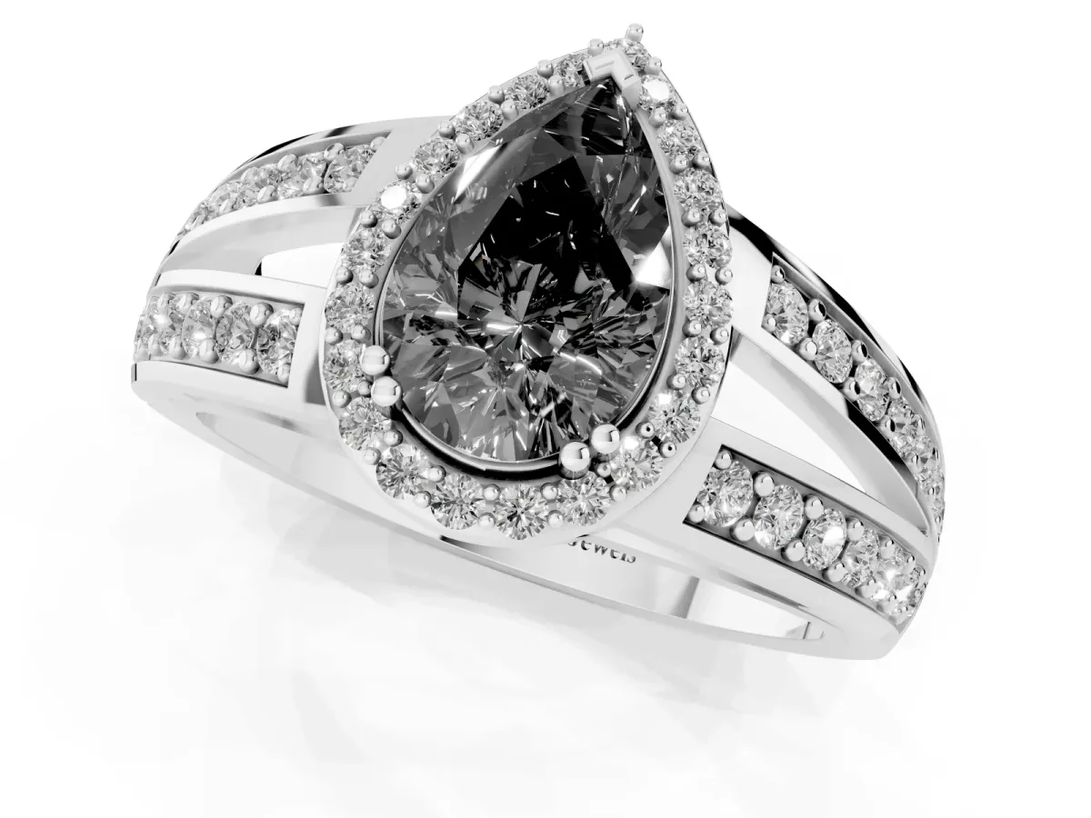 Fancy Black Pear Cut Diamond Halo Ring with Split Shank Pavé Band and Four-Prong Setting Silver