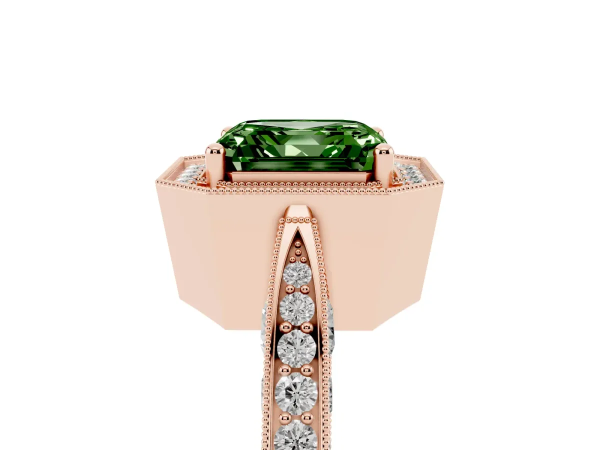 Fancy Green Asscher Cut Halo Diamond Engagement Ring with Split Shank Band and Four-Prong Setting Rose gold