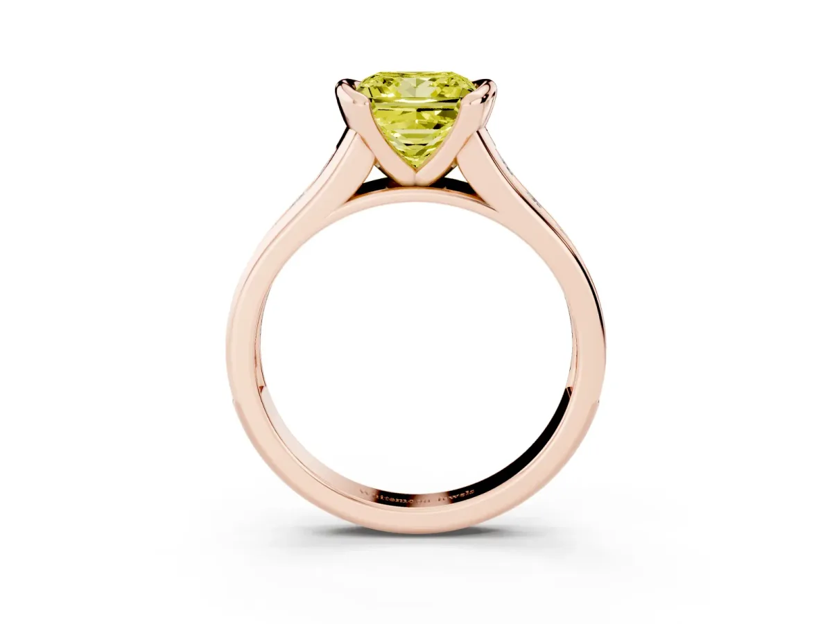 Fancy Yellow Princess Cut Solitaire Bezel-Set Diamond Ring with Channel-Set Band Rose gold