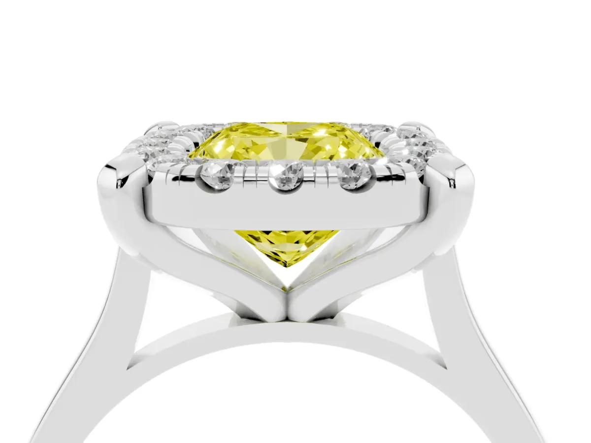 Fancy Yellow Cushion Cut Diamond Cluster Halo Solitaire with Four-Prong Setting Silver
