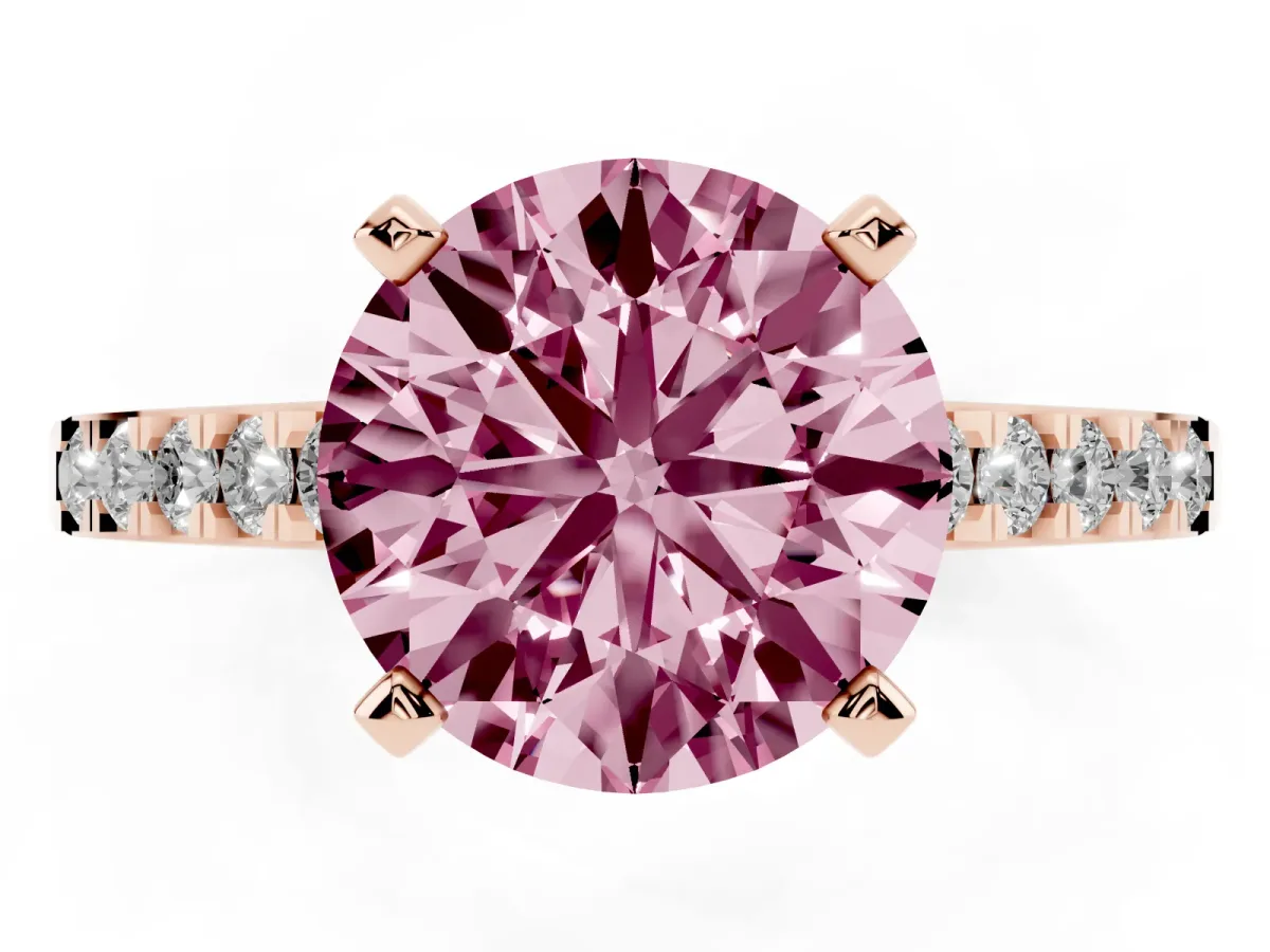 Fancy Pink Round Cut Diamond Solitaire Ring with Crossover Gallery and Round Pavé Band Rose gold
