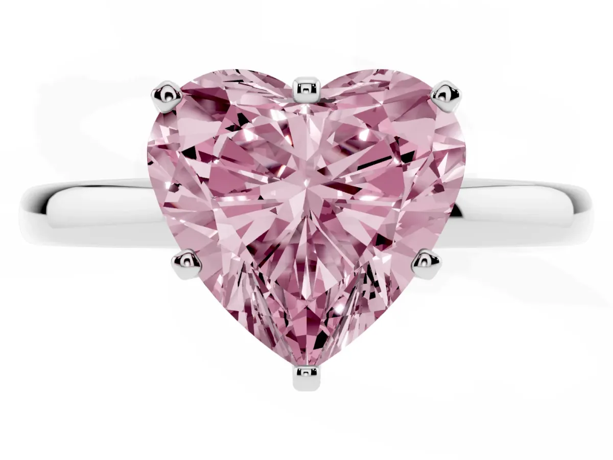 Fancy Pink Heart Cut Solitaire Diamond Ring with Six-Prong Setting on a Classic Band Silver