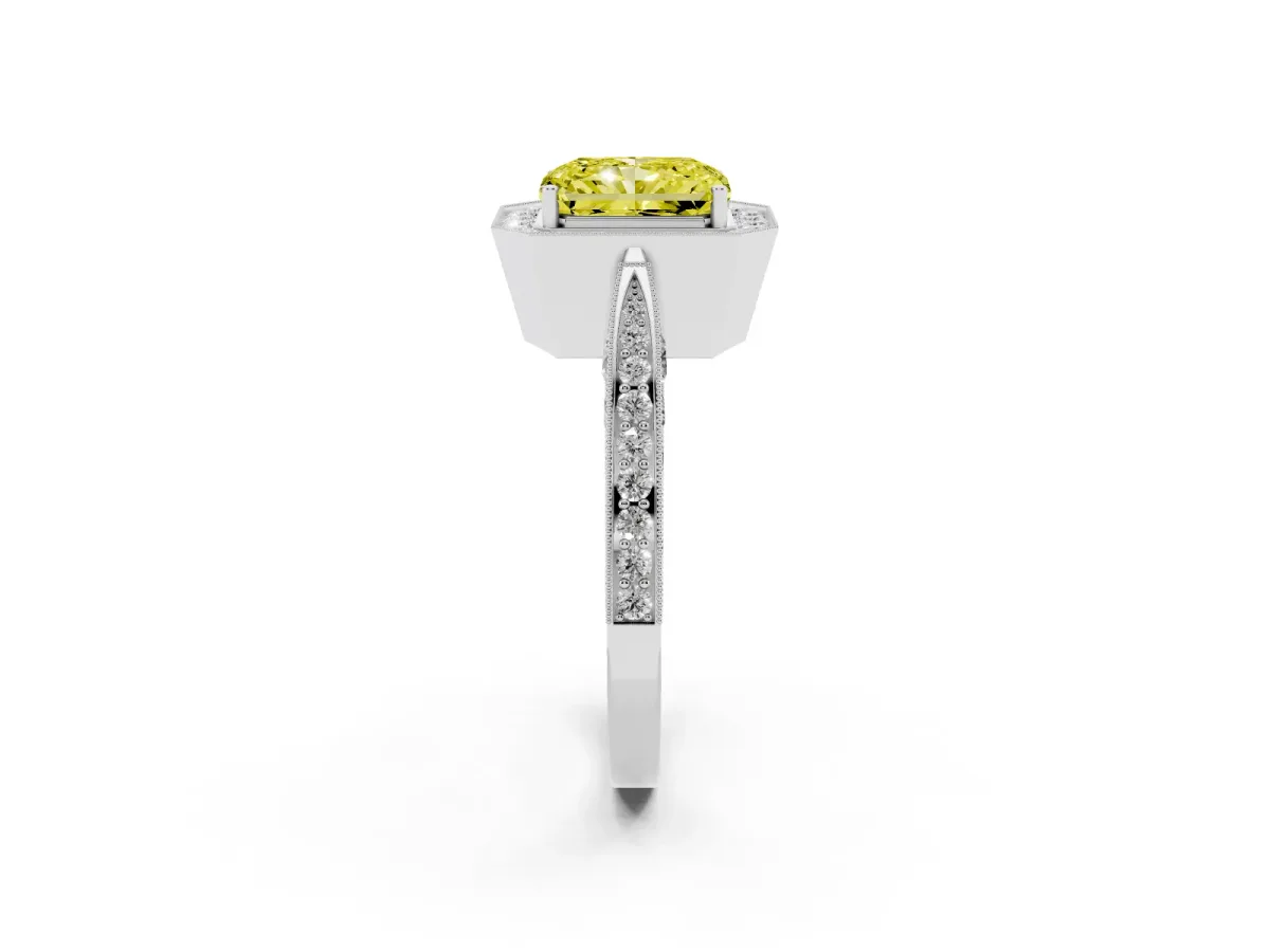 Fancy Yellow Radiant Cut Halo Diamond Engagement Ring with Split Shank Band and Four-Prong Setting Silver