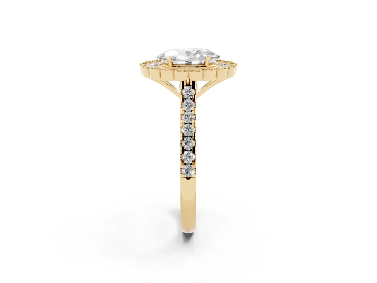 Oval Cut Cut Diamond Milgrain Floral Halo Engagement Ring with Pavé Band Yellow gold