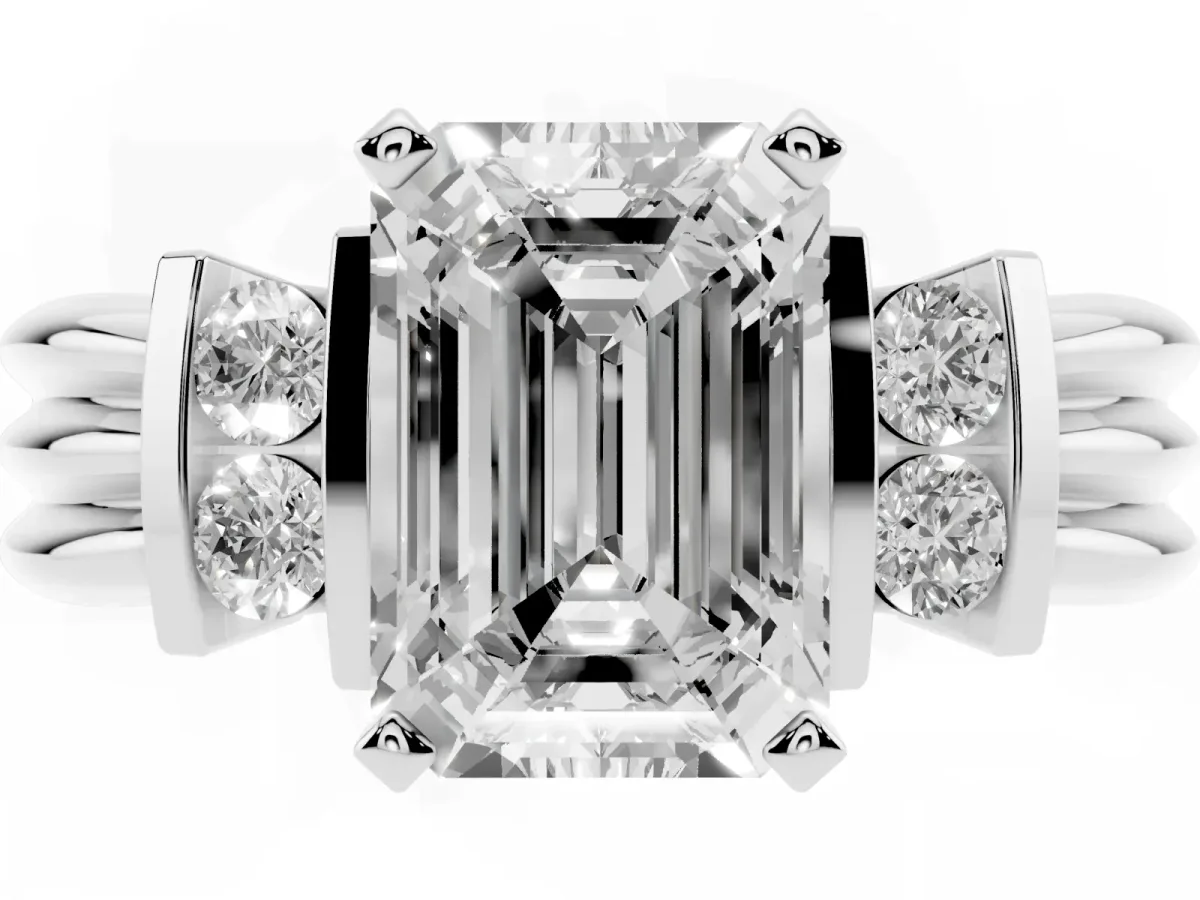 Emerald Cut Cut Three-Stone Channel Set Ring with Bar Prongs Platinum