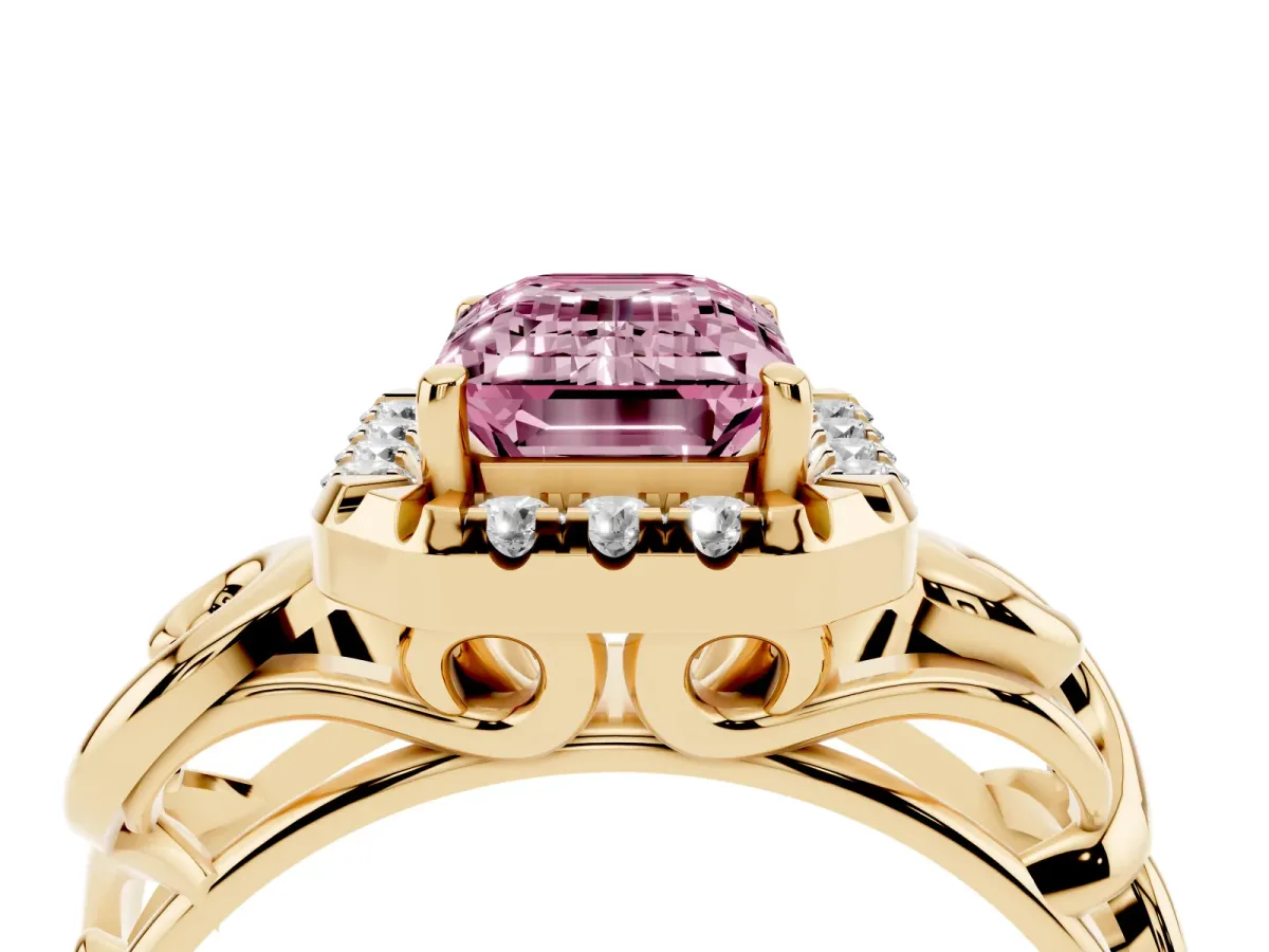 Fancy Pink Emerald Cut Cut Halo Diamond Ring with Scrollwork Band and Four-Prong Setting Yellow gold