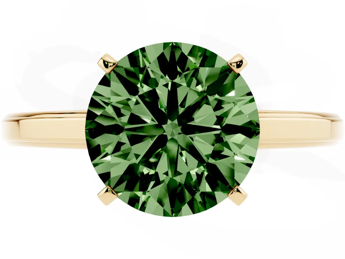 Fancy Green Round Cut Solitaire Diamond Ring with Four-Prong Setting and Classic Band Yellow gold