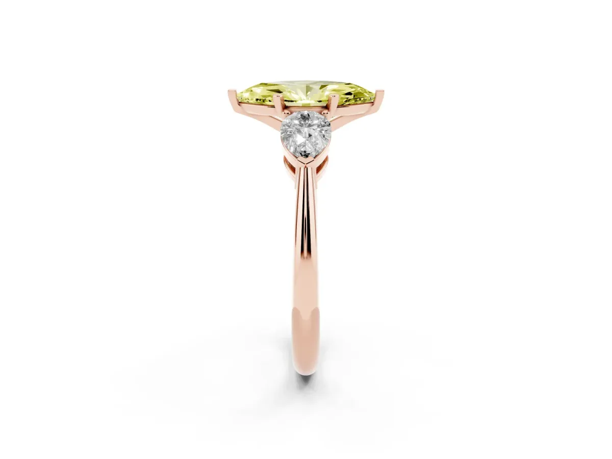 Fancy Yellow Three-Stone Marquise Cut Diamond Ring with Pear Side Stones and Four-Prong Setting Rose gold