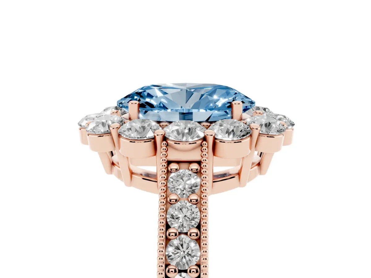 Fancy Blue Oval Cut Cut Halo Diamond Pavé Engagement Ring with Milgrain Detailing Rose gold