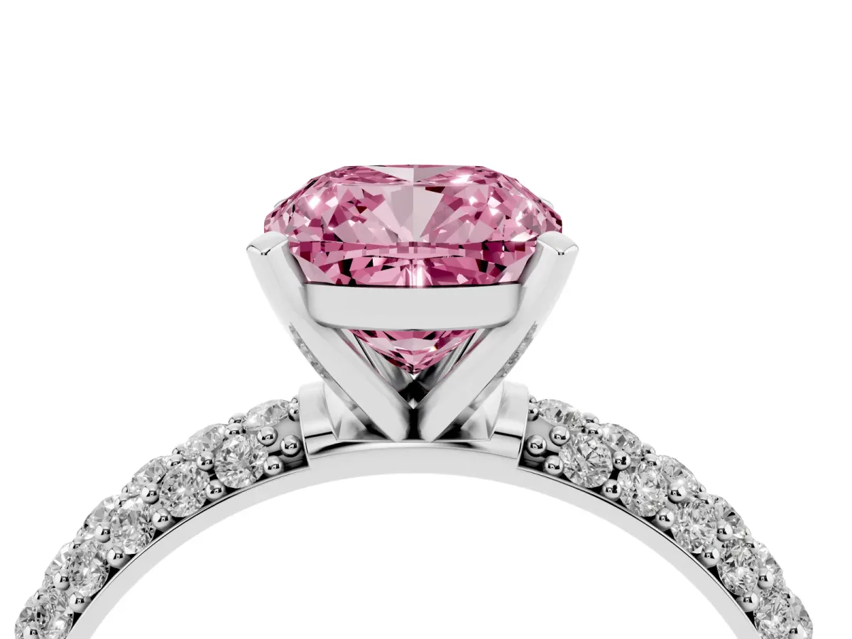 Fancy Pink Cushion Cut Diamond Solitaire Ring with Prong Setting and Pavé Band Platinum