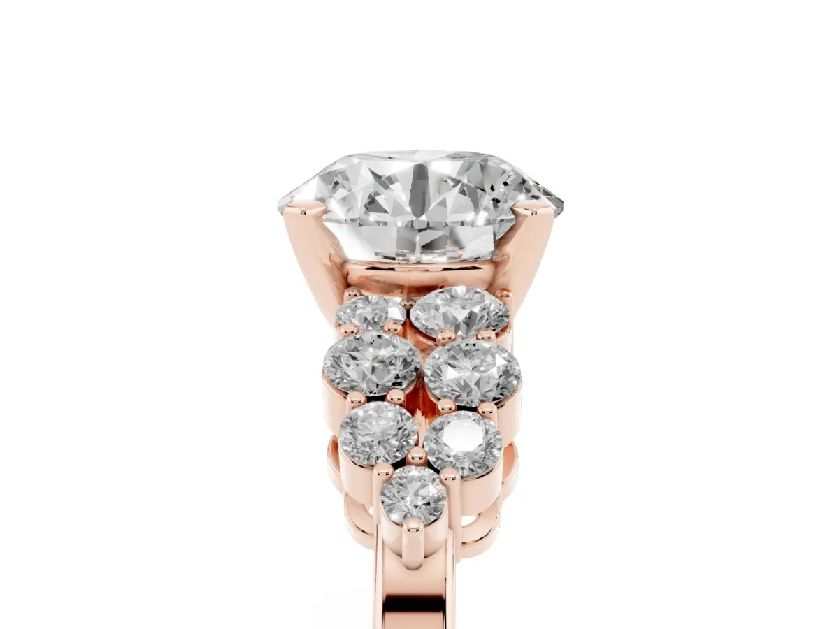 Round Cut Cluster Diamond Engagement Ring with Pavé Band and Four-Prong Setting Rose gold