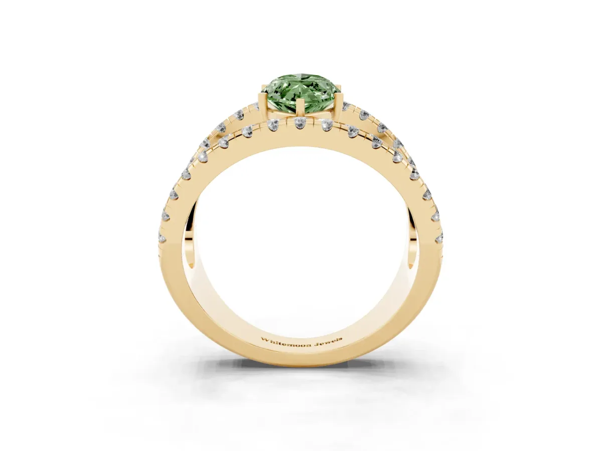 Fancy Green Marquise Cut Solitaire Split Shank Pave Diamond Ring Yellow gold