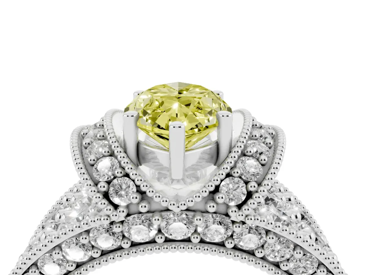 Fancy Yellow Marquise Cut Halo Pave Diamond Engagement Ring with Milgrain Detailing Platinum