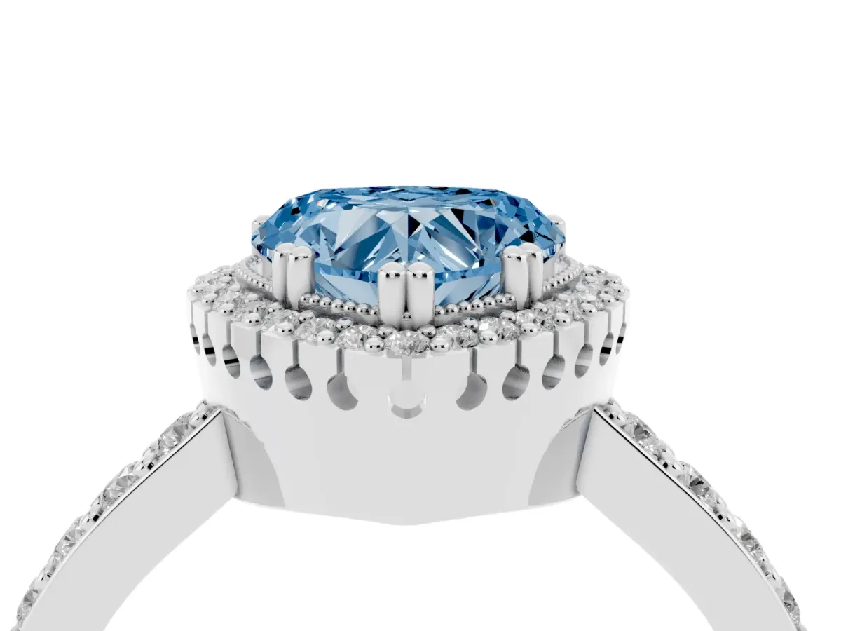 Fancy Blue Heart Cut Cut Diamond Halo Engagement Ring with Milgrain Detail and Pavé Band Platinum