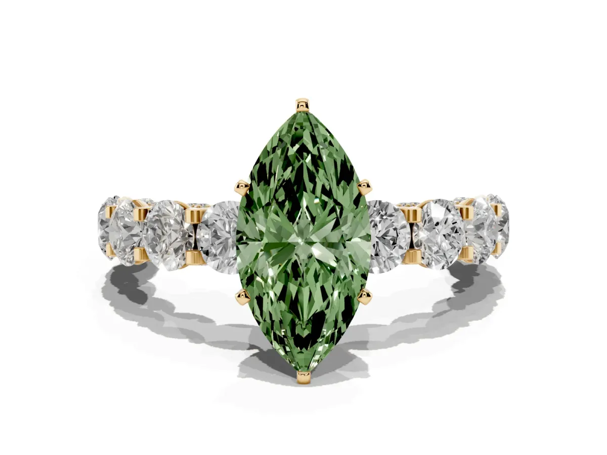 Fancy Green Marquise Cut Diamond Side Stone Engagement Ring with Four-Prong Setting Yellow gold