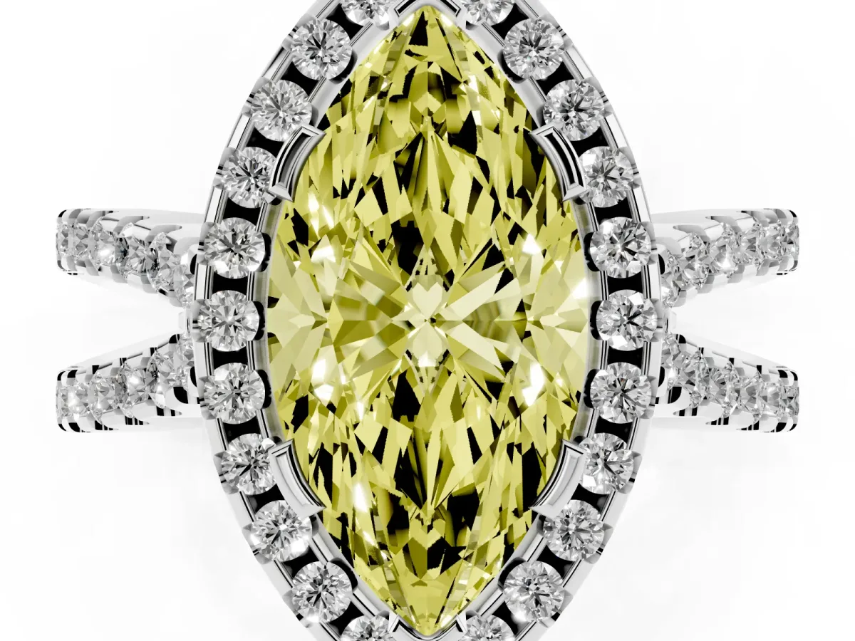 Fancy Yellow Marquise Cut Diamond Halo Ring with Split Shank Pavé Band and Prong Setting White gold