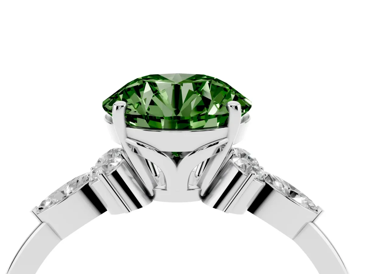 Fancy Green Round Cut Brilliant Diamond Solitaire Ring with Pear Side Stones and Four-Prong Setting Silver