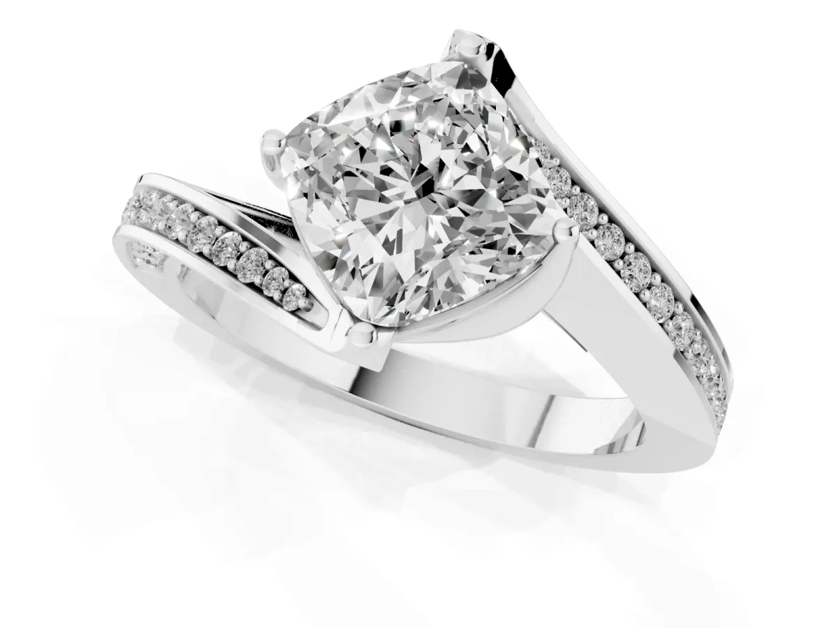 Cushion Cut Solitaire Diamond Twist Band with Pavé Setting and Four-Prong Setting Silver